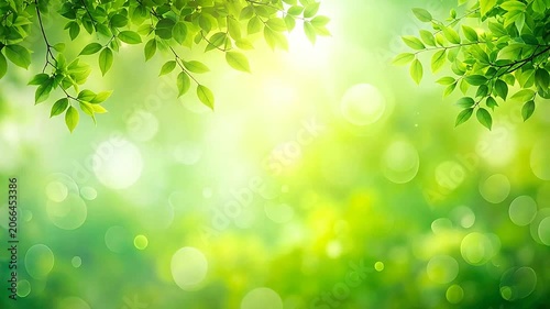 Fresh green leaves frame a bright sunlit forest bokeh background