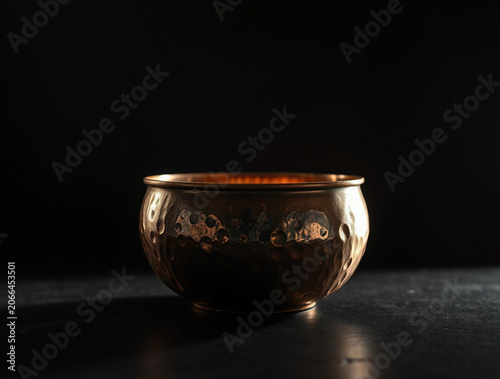 Hammered copper bowl with warm glow and soft shadow on black surface, reflective metal texture and vintage artisan feel, cozy mood and subtle highlights