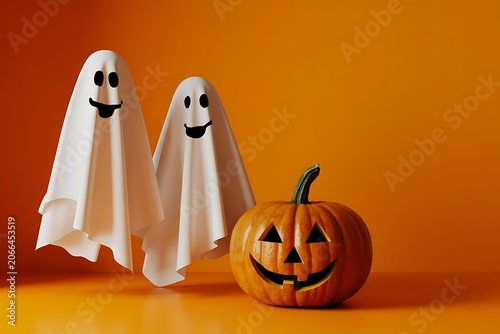 Two white fabric ghost figures standing beside a carved jack-o-lantern pumpkin on a solid orange background