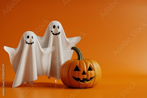 Two white fabric ghost decorations standing next to a carved orange jack-o-lantern pumpkin on orange background