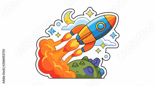 Colorful cartoon rocket ship blasting off into the sky with stars and moon