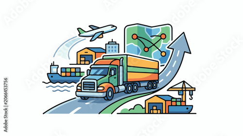 Colorful illustration of a semi-truck on a road with a cargo ship and airplane nearby