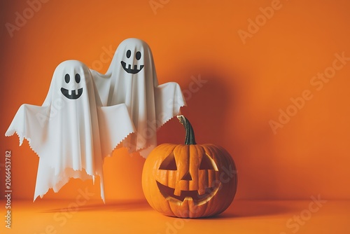 Two white ghost figures made of fabric with smiling faces standing next to a carved jack o lantern pumpkin orange