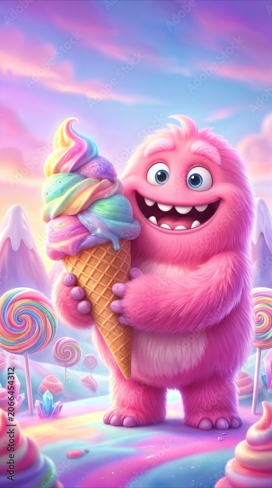 Naklejka premium Fluffy pink monster holding large rainbow ice cream cone in whimsical candy land. Friendly creature enjoying sweet treats in fantasy world with lollipops and pastel mountains.