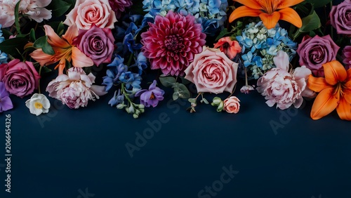 Vibrant floral arrangement with pink roses, red dahlias, blue hydrangeas, and orange lilies on a dark blue background