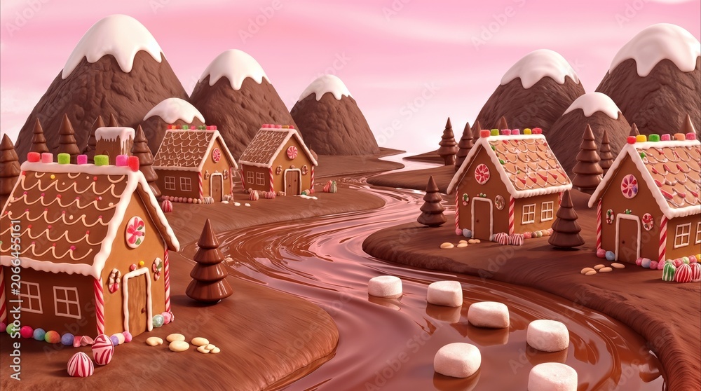 Naklejka premium Sweet village featuring gingerbread houses along a flowing chocolate river. Edible landscape with marshmallow stones and candy trees in a fictional confectionery world.
