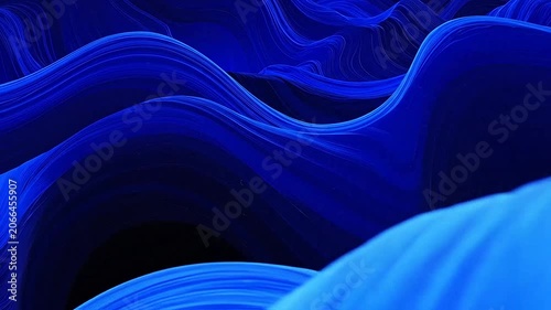 Abstract blue flowing waves with textured lines in a dark digital landscape