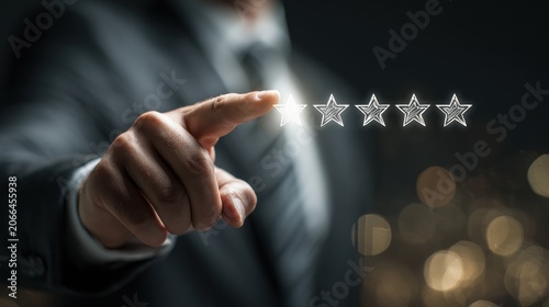 Rating concept with hand pointing at star