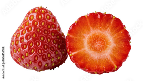 Quadro su tela Isolated fresh ripe red whole strawberry and juicy cross section half of a delic