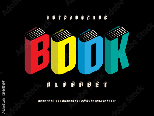 Book style alphabet design with uppercase, numbers and symbol