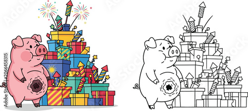 Happy Pig Mascot with Huge Pile of Fireworks and Presents Celebration Vector