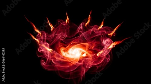 Vibrant red smoke swirling into a glowing fiery vortex with sharp orange flames extending outwards against a deep black background captured in high resolution detail