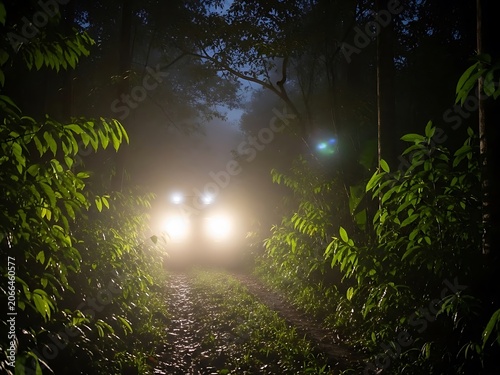Off-Road Vehicle Headlights in Dark Foggy Forest Path at Night - Mysterious Jungle Adventure