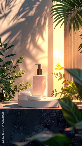 A serene bathroom setup with lush greenery and warm sunlight