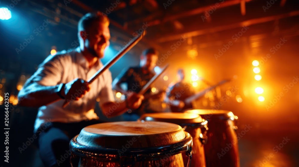 Fototapeta premium This image captures a dynamic drum performance on stage, showcasing the energy and passion of musicians under dramatic lighting during an exhilarating live concert.