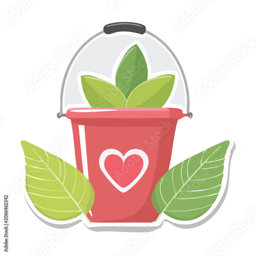 Red potted plant with heart and green leaves illustration