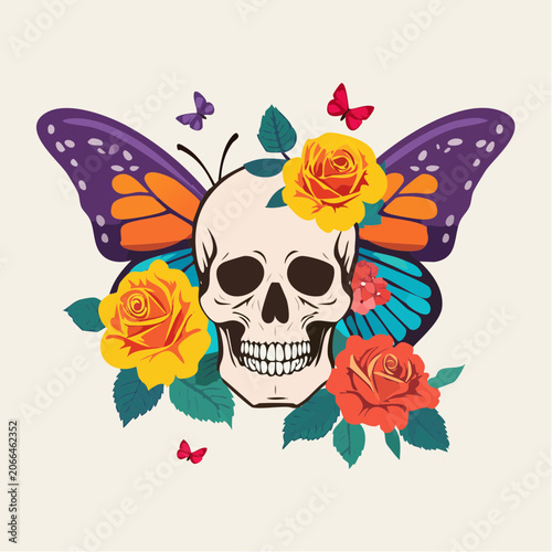 Skull with Butterfly Wings and Roses