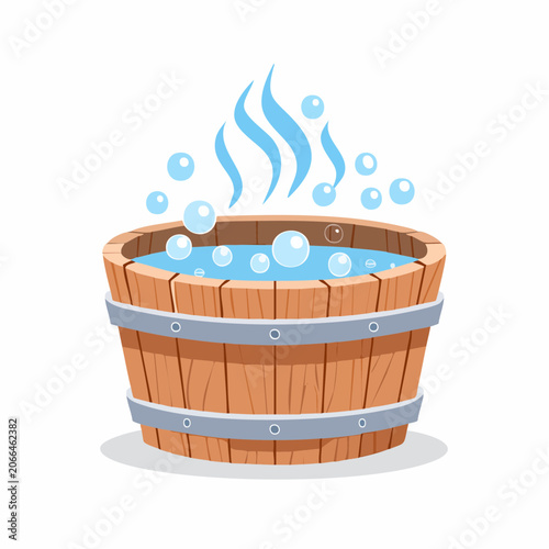 Wooden hot tub with steam and bubbles