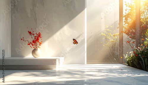 A serene indoor garden scene with sunlight and a vase
