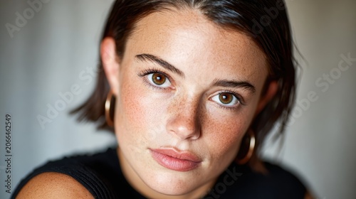 Close-up portrait of a young woman showcasing her striking freckled complexion and hoop earrings, highlighting youthfulness and beauty in modern photography.