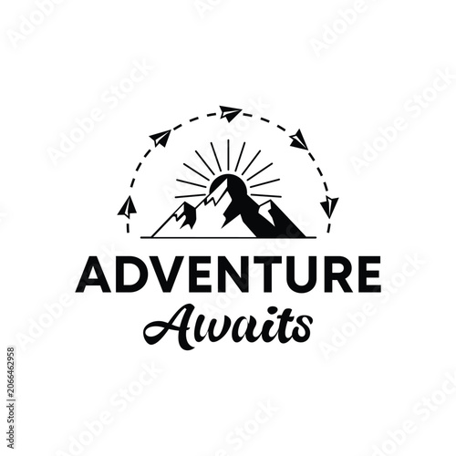 Mountain Adventure Badge with Paper Airplane Route with Adventure Awaits Typography Design