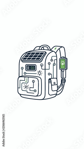Solar powered backpack with green battery.