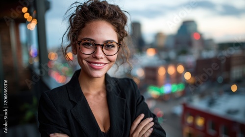 A confident young woman with curly hair and glasses smiles warmly, highlighting the vibrancy of urban life against a beautifully blurred city background at dusk.