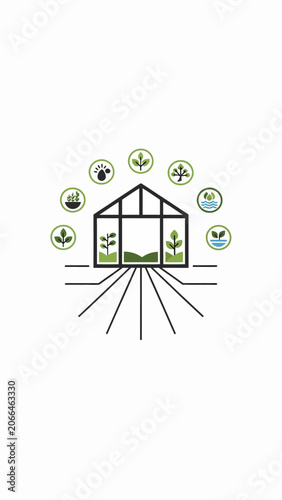 Sustainable greenhouse with eco-friendly icons.