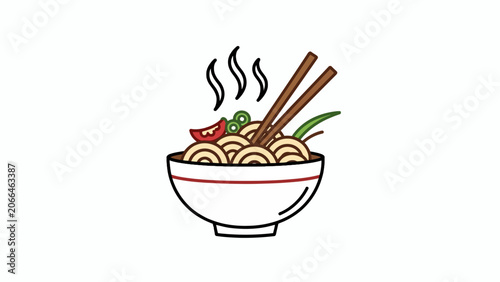 A steaming bowl of noodles with chopsticks.