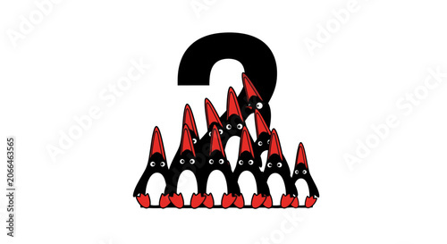Cartoon penguins gathered under a large black question mark