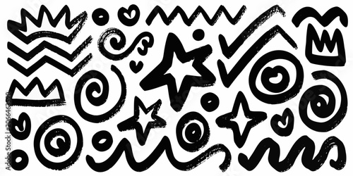 Obraz na płótnie Black doodle pattern with swirls stars and zigzag lines vector illustration