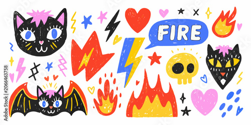 Punk rock vector illustration set with cats flames and hearts