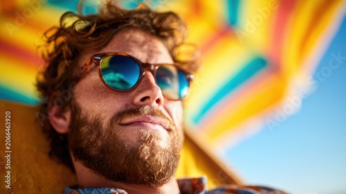 A man with curly hair and sunglasses relaxes under a vibrant beach umbrella, capturing the essence of a carefree summer day by the ocean, radiating tranquility and joy.