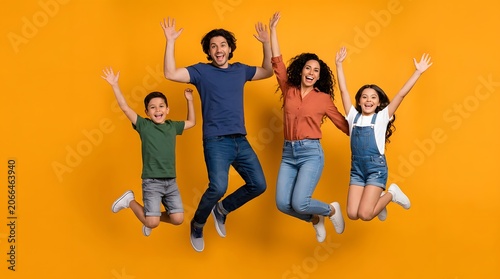 Happy family of four, including parents and two children, jumping high with arms raised and big smiles on their faces against a vibrant solid orange studio background.