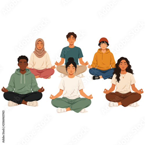 diverse young people practicing mindfulness meditation vector illustration 
