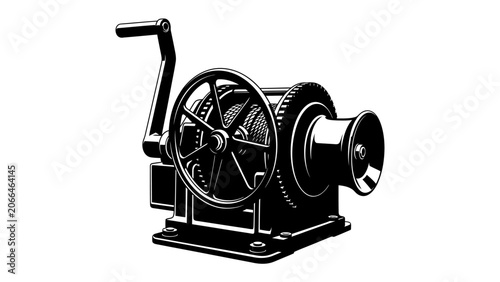 Canvastavla Hand Crank Winch Mechanism: A detailed, vintage-style illustration of a hand-cranked winch, showcasing its gears, drum, and lever, hinting at mechanical power and manual operation