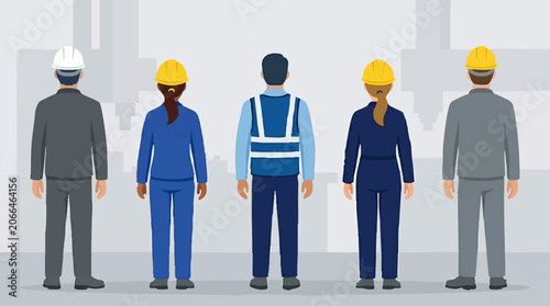 Diverse group of industrial and construction workers seen from behind
