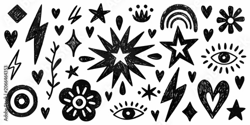 Foto Occult themed Floral Ornament And Celestial Symbols Black Vector Illustration