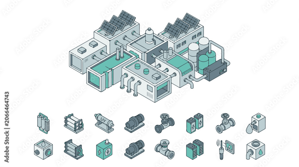 Fototapeta premium Isometric Water Purification Plant with Solar Panels and Filtration Components Collection