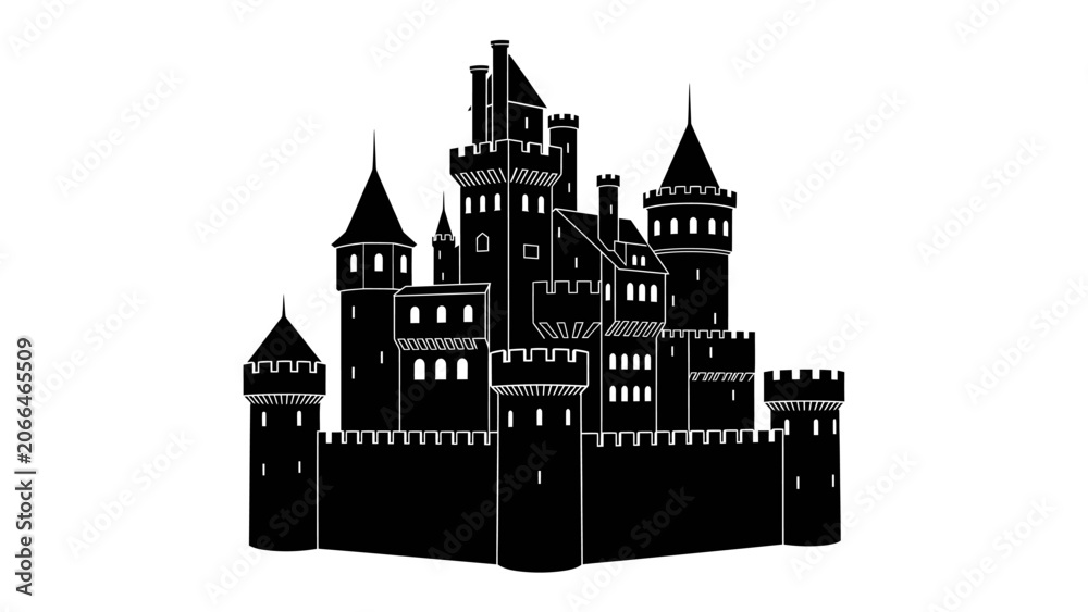 Fototapeta premium Silhouette Castle: A majestic black silhouette of a medieval castle stands tall, featuring multiple towers, battlements, and sharp spires against a white background.
