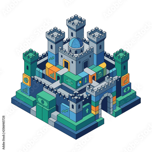 3D Isometric Castle with Business Icons