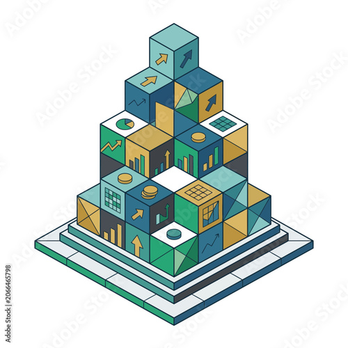 Abstract Data Pyramid with Charts and Arrows