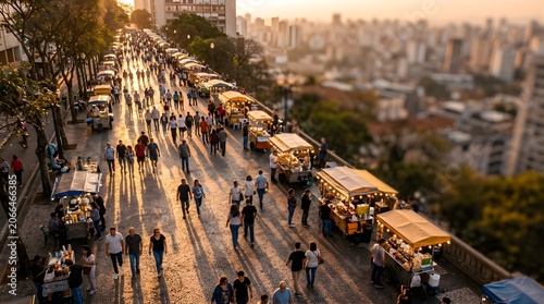 Aerial view of people walking through a street market at sunset in city