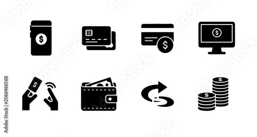 Money Payment Icons: Credit Cards, Wallet, Coins, Digital Transaction, Online Shopping