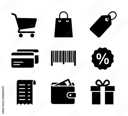 Black Shopping Icons Set: Cart, Bag, Tag, Credit Cards, Barcode, Discount, Receipt, Wallet, Gift Box