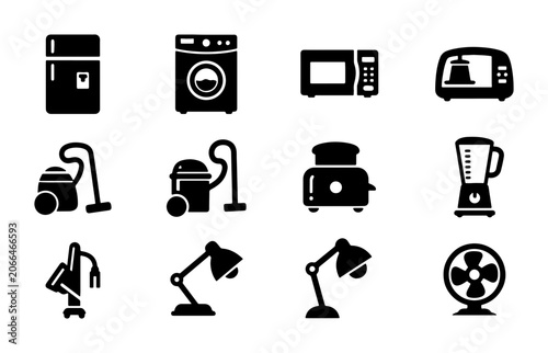 Vector Icons: Home Appliances, Cleaning Tools, Lighting, and Fan Set