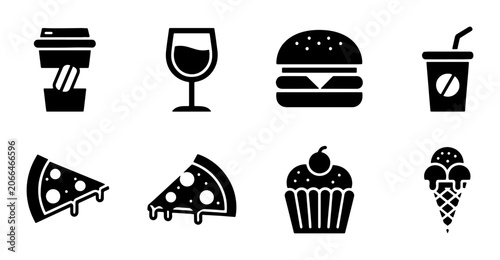 Food Icons Set: Coffee, Wine, Burger, Soda, Pizza, Cupcake, Ice Cream Vector Graphics