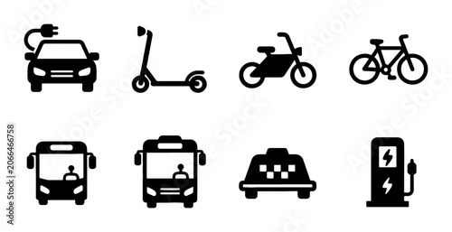 Electric Vehicle Icons: Car, Scooter, Bicycle, Bus, Taxi, Charging Station Set
