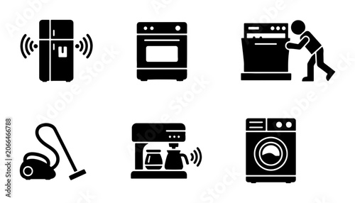 Home Appliance Icons Set: Refrigerator, Oven, Dishwasher, Vacuum, Coffee Maker, Washing Machine