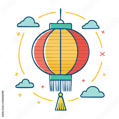 Colorful paper lantern with tassel and decorative elements